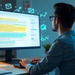 Profissional criando textos de copywriting com ícones de leads e conversões ao redor