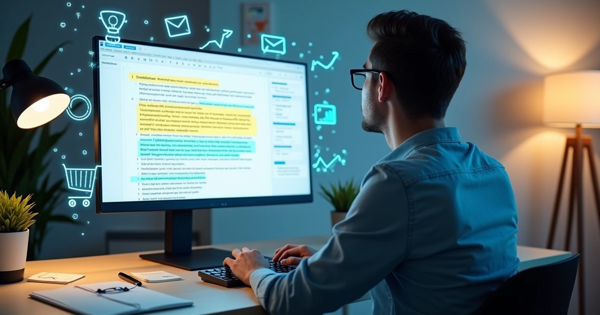 Profissional criando textos de copywriting com ícones de leads e conversões ao redor