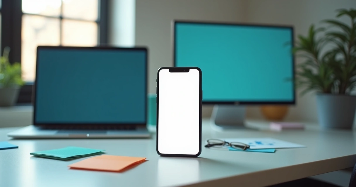 Tela de smartphone com site mobile first destacada em mesa de trabalho digital