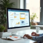 Profissional mexendo em landing page com gráficos de conversão em tela grande