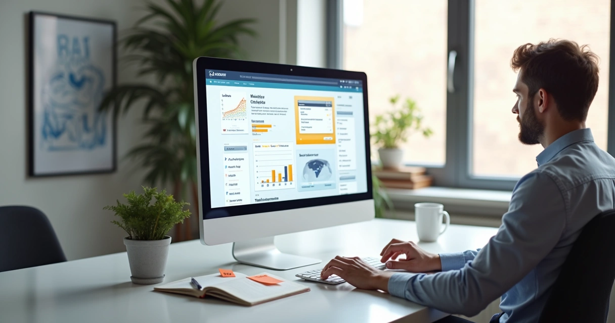 Profissional mexendo em landing page com gráficos de conversão em tela grande