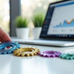 Mão ajustando pequenas engrenagens coloridas em formato de ícones de leads