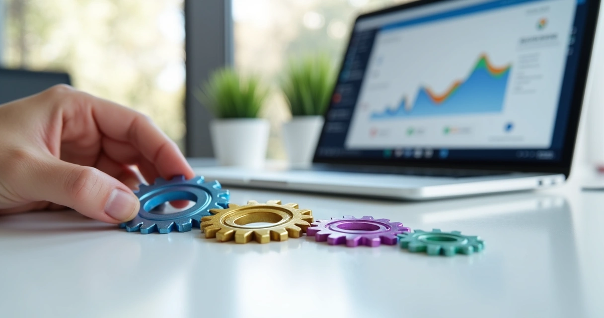 Mão ajustando pequenas engrenagens coloridas em formato de ícones de leads