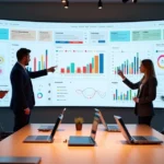 Equipe de marketing colaborando em frente a grande tela com painel de CRM