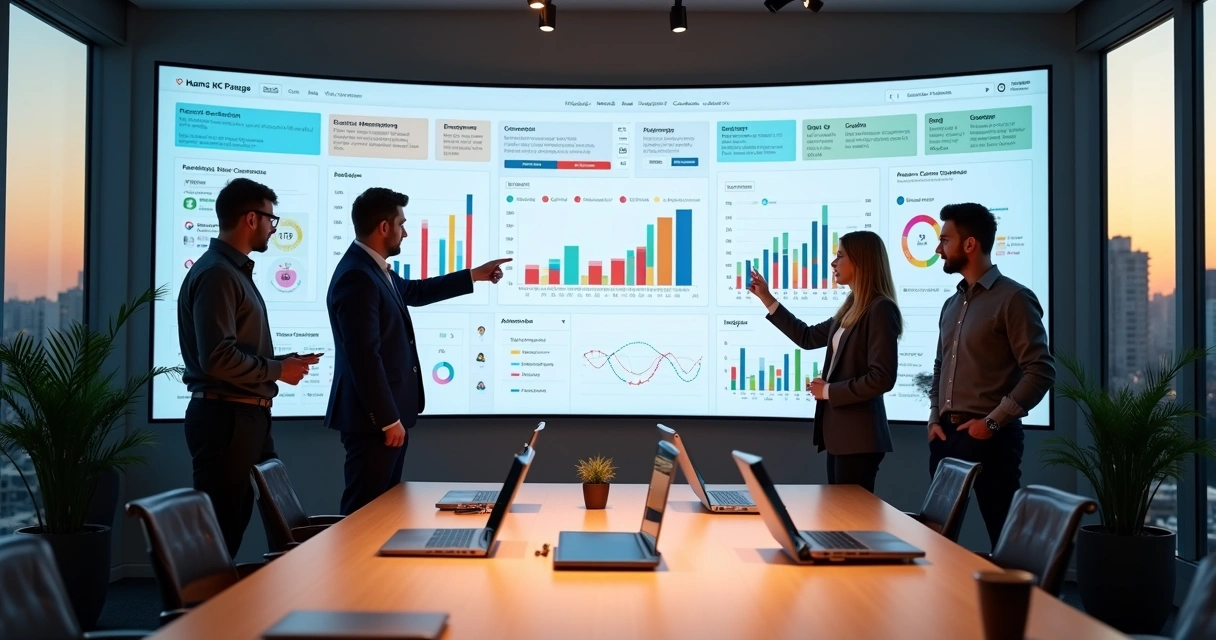 Equipe de marketing colaborando em frente a grande tela com painel de CRM