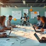 Equipe de marketing em escritório cercada por robôs confusos e fios emaranhados