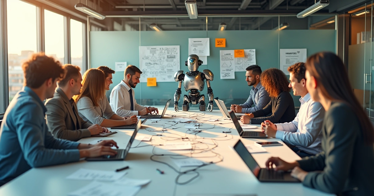 Equipe de marketing em escritório cercada por robôs confusos e fios emaranhados