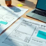 Mesa com wireframe de landing page desenhado em papel ao lado de laptop