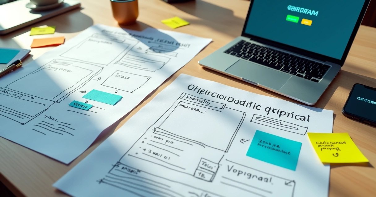 Mesa com wireframe de landing page desenhado em papel ao lado de laptop