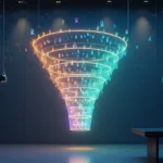 Funil colorido transformando multidão de leads em poucos contatos qualificados em destaque