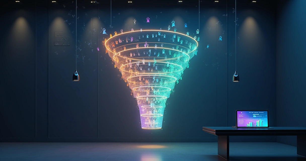 Funil colorido transformando multidão de leads em poucos contatos qualificados em destaque