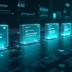 Linha do tempo visual com vários tipos de e-mails transacionais conectados em ambiente digital futurista