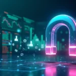 Representação visual de ímã digital atraindo ícones de leads sobre painel de dados