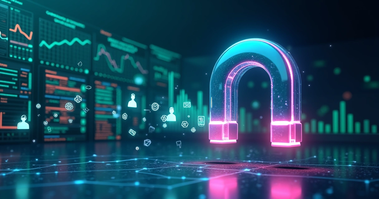 Representação visual de ímã digital atraindo ícones de leads sobre painel de dados