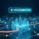 Browser address bar with highlighted UTM link above digital city map