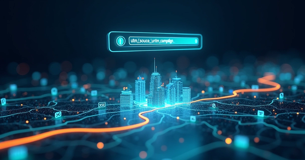 Browser address bar with highlighted UTM link above digital city map