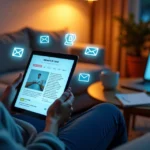 Pessoa sentada em sofá confortável lendo newsletter em tablet cercada por ícones digitais