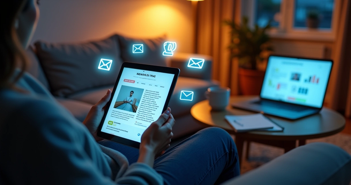 Pessoa sentada em sofá confortável lendo newsletter em tablet cercada por ícones digitais