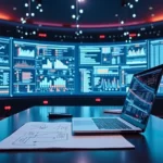 Painel digital exibindo análise estratégica com painéis de dados integrados