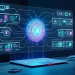 Painel digital com IA conectando diversas ferramentas de marketing