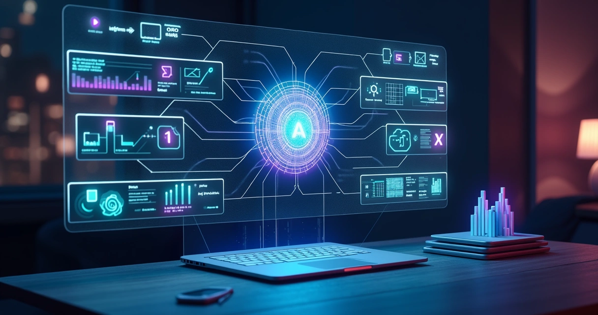 Painel digital com IA conectando diversas ferramentas de marketing