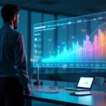 Profissional observando painel digital com leads organizados em trilhas coloridas