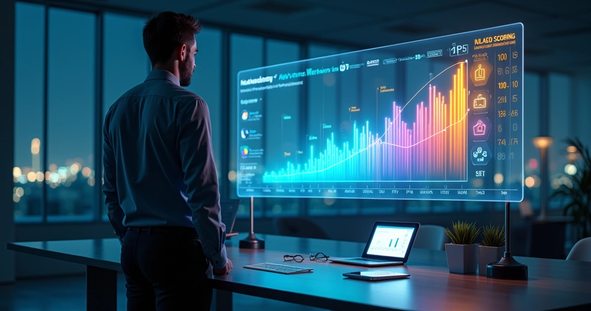 Profissional observando painel digital com leads organizados em trilhas coloridas