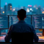 Profissional de marketing usando painéis SQL para análise de clientes