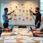 Equipe de marketing em reunião analisando perfis de personas na parede