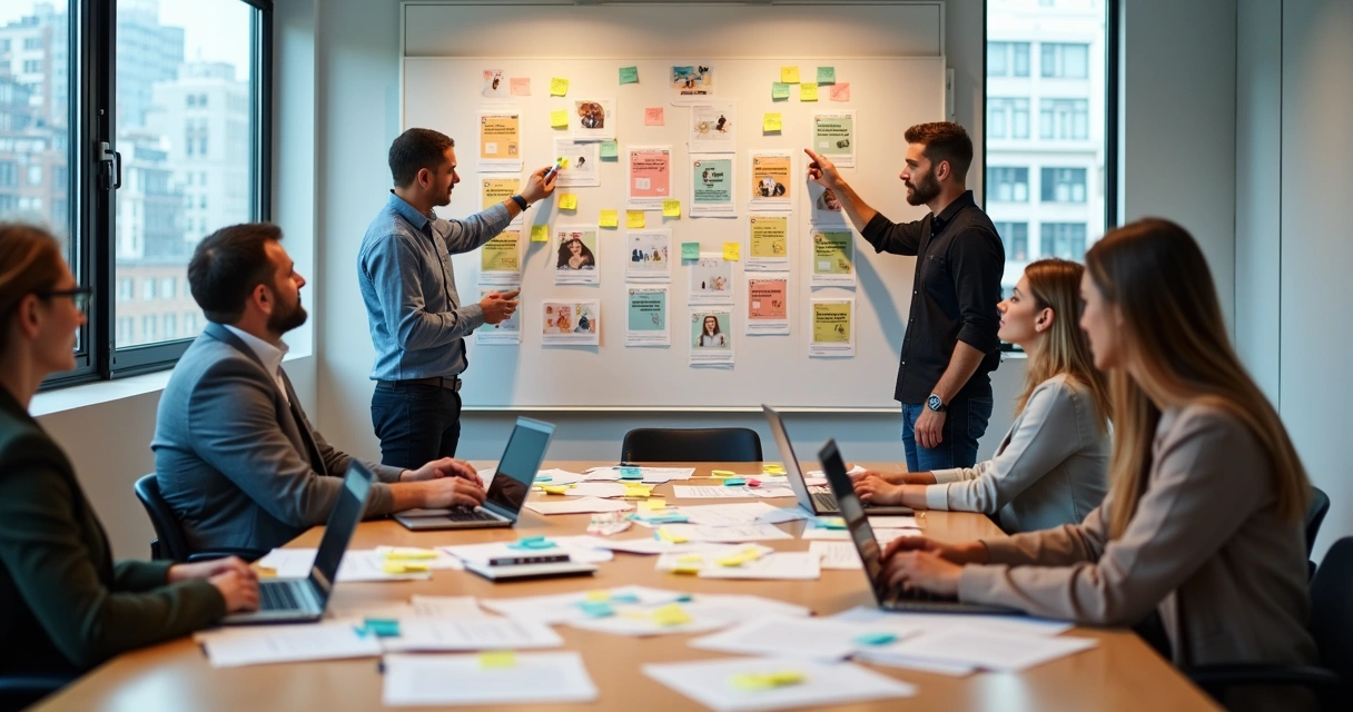 Equipe de marketing em reunião analisando perfis de personas na parede